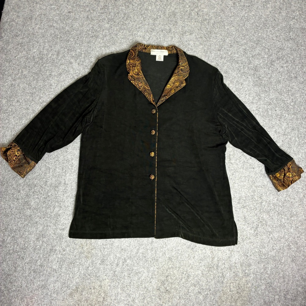 Vintage 90s Drapers & Damons Petites PS Black Paisley Brocade Trim Button Top